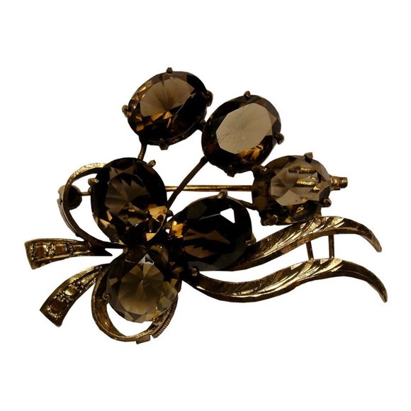 Chinese 18 kt GV Sterling Faceted Smoky Quartz Bush Pin